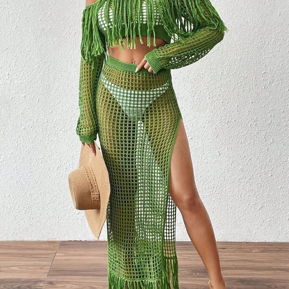 Green Sexy Women's Crochet Hollow Fringe Hem Cover Up Tops